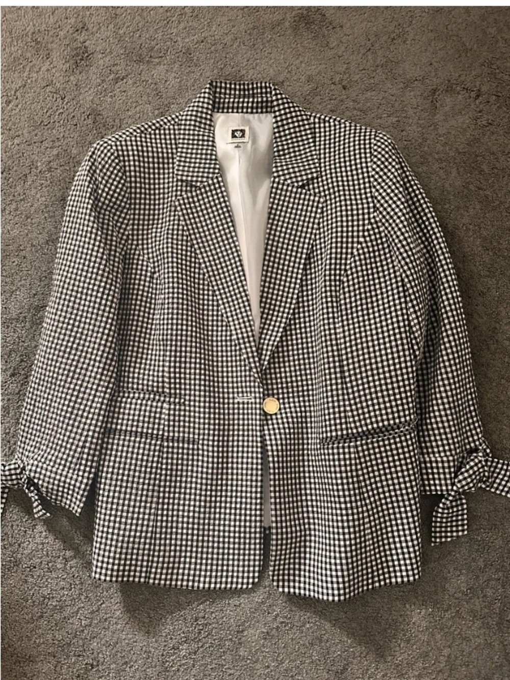 Anne Klein Black & White Houndstooth Tie-Sleeve Blazer - Picture 2 of 3
